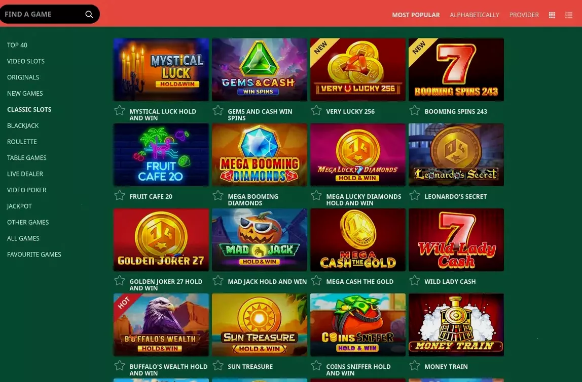 Игровой интерфейс казино Кешер